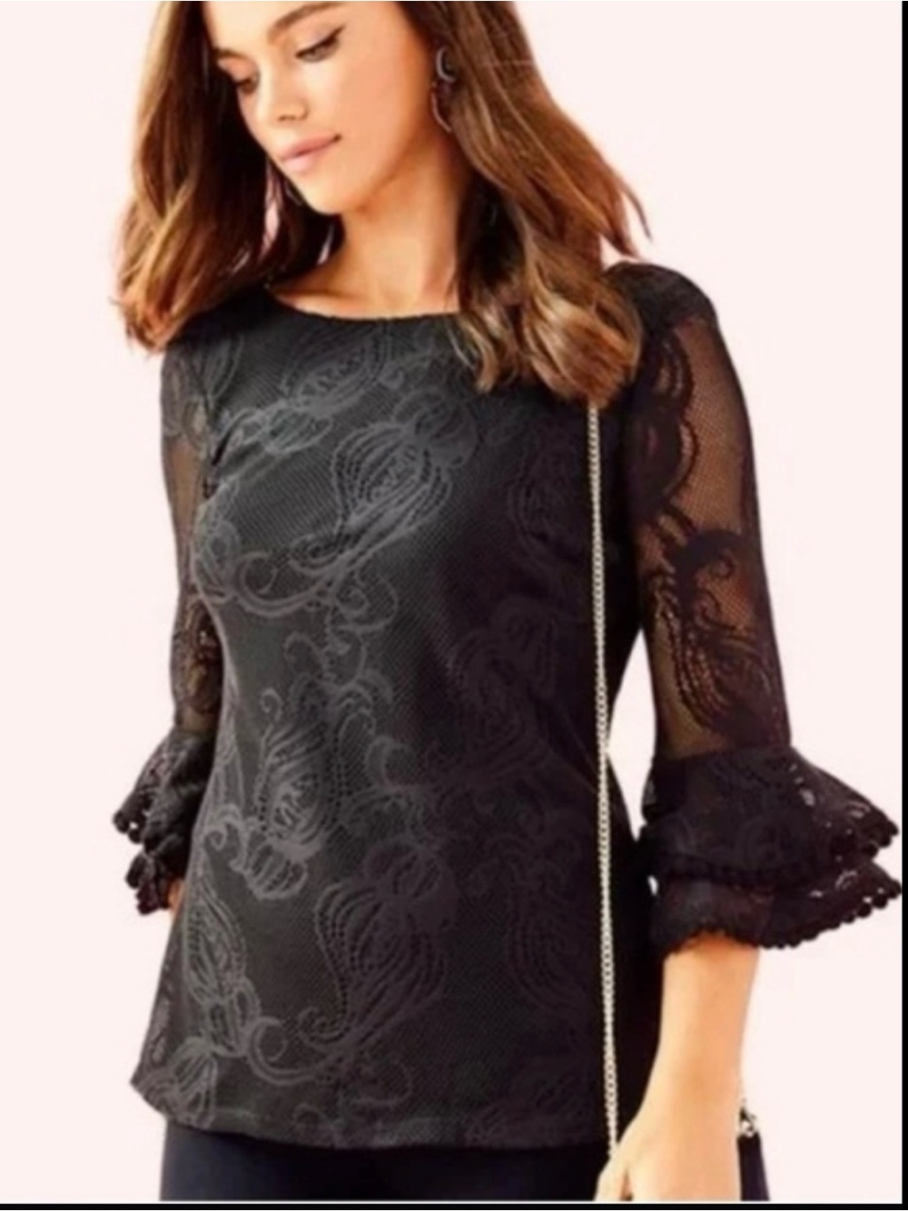 Lilly Pulitzer Liana Black Lace 3/4 Bell Sleeve Ruffle Blouse